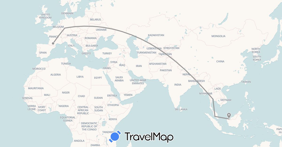 TravelMap itinerary: driving, plane in Germany, France, Malaysia, Thailand (Asia, Europe)