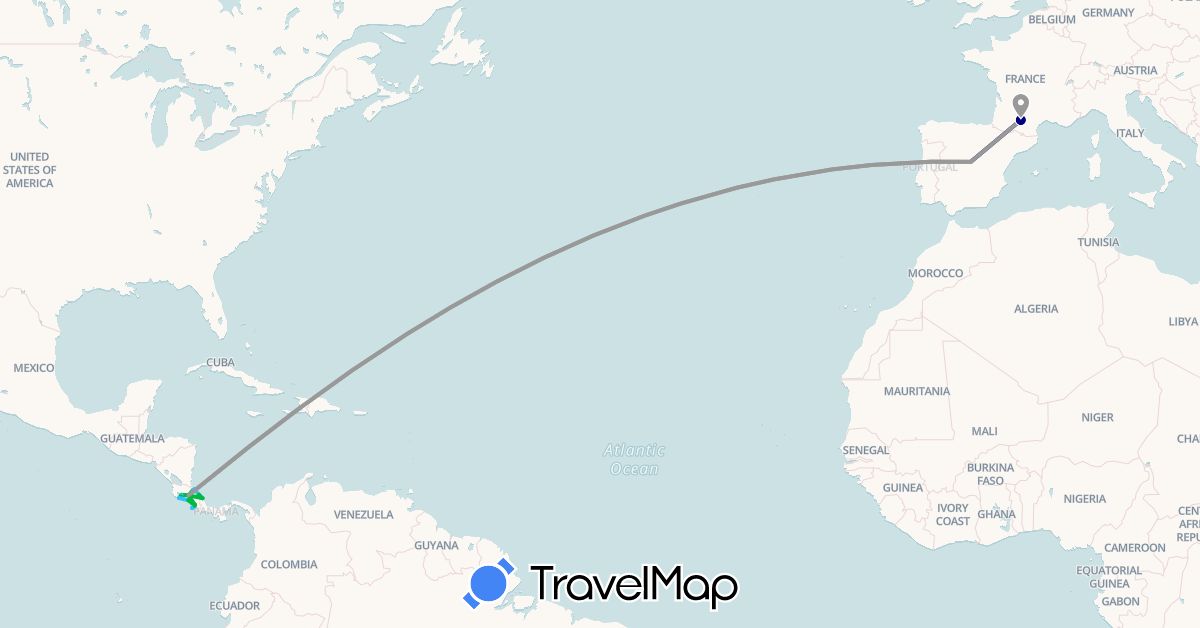TravelMap itinerary: driving, bus, plane, boat in Costa Rica, Spain, France (Europe, North America)